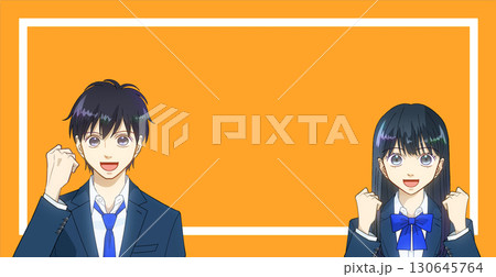 高校生または中学生の男女のアニメ風イラスト、スクールテイスト、カラー背景、コピースペースあり 高校生または中学生の男女のアニメ風イラスト、スクールテイスト、カラー背景、コピースペースあり 130645764