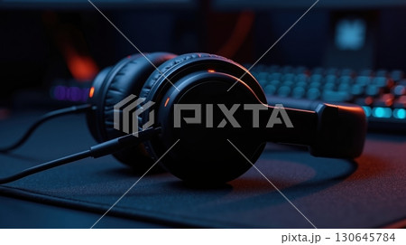 black gaming headphones resting on a dark mousepad 130645784
