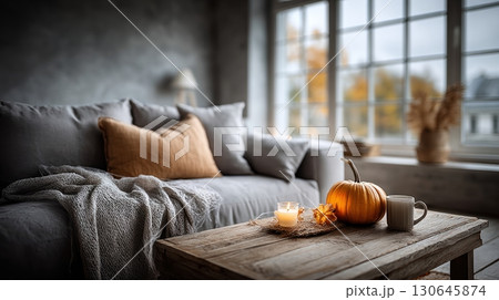 stylish Halloween living room decor, pumpkins, candles 130645874
