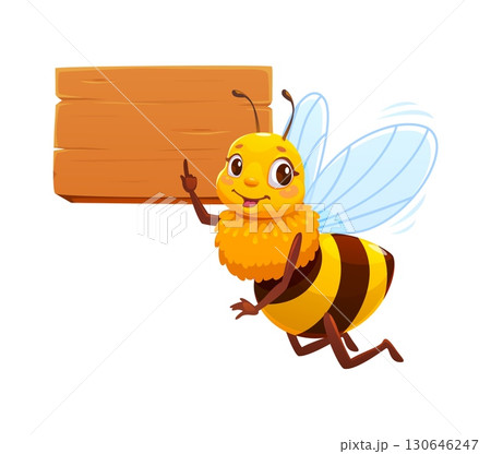 Cartoon honey bee character pointing on wooden sign board with raised finger. Cheerful vector bee insect with big eyes, smiling face transparent wings and fluffy body taking attention for message 130646247