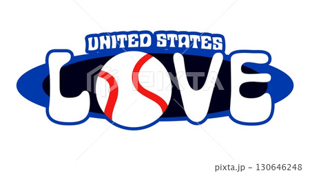 United States love baseball vintage Y2K sticker or patch. US flag colors 60s 70s vector tag, USA country sticker. United States of America travel patch with baseball sport game ball and typography 130646248