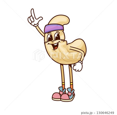 Cartoon groovy cashew nut character on fitness. Diet healthy food, vegan nutrition happy retro vector cheerful personage. Cashew nut cute Y2K groovy character or isolated mascot in fitness headband 130646249