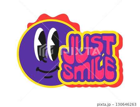 Just smile Y2K groovy sticker or hippie print. Retro cute funky vector label, 60s cartoon tag. Hippie 80s Y2K patch or funny positive groovy sticker with positive saying, emoji happy purple face 130646263