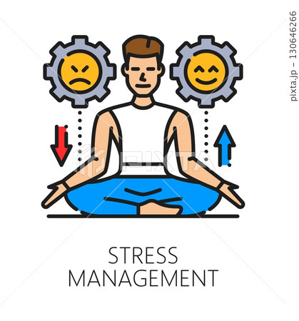 Stress management life skill color line icon or sign. Human stress management ability outline vector icon, personal life skill sign or symbol with meditating man, positive and negative emotions emoji Stress management life skill color line icon or sign. Human stress management ability outline vector icon, personal life skill sign or symbol with meditating man, positive and negative emotions emoji 130646266