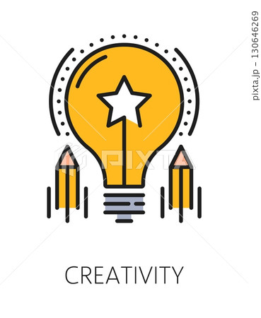 Kids creativity cognitive ability color line icon or label. Mental capability improvement outline vector icon, cognitive ability symbol. Creativity development pictogram with idea lightbulb, pencils 130646269