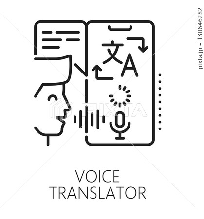English language voice translation line icon or sign. Foreign speech translation lineart vector sign, language vocabulary linear icon. English dictionary symbol with man speaking to smartphone 130646282