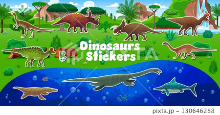 Cartoon prehistoric dinosaur characters stickers pack. Vector terrain dino and marine reptiles on green jungle and underwater backgrounds. land herbivores, aquatic creatures, tropical trees, waterfall 130646288