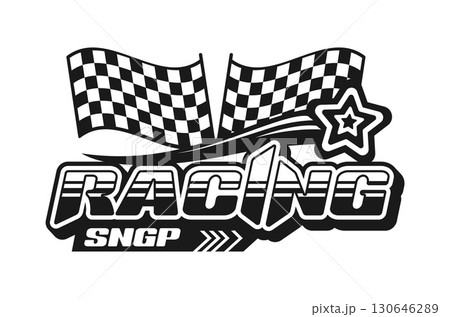 Auto race championship vintage Y2K icon or badge. Auto speed rally vintage vector icon, road racing championship Y2K sign. Drive race competition symbol with checkered flags, star and retro typography Auto race championship vintage Y2K icon or badge. Auto speed rally vintage vector icon, road racing championship Y2K sign. Drive race competition symbol with checkered flags, star and retro typography 130646289