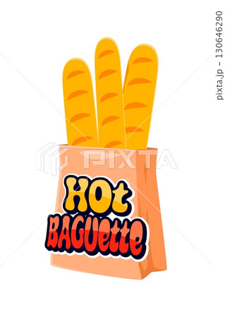 France hot baguette vintage Y2K sticker or tag. European nation travel vintage vector tag, French cuisine label. France flag colors Y2K sticker with traditional french baguette bread in paper bag 130646290