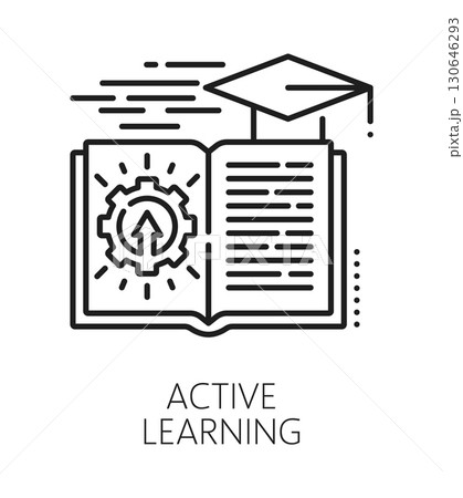 Active learning life skills line icon or sign. People education potential outline vector icon, personality life skills symbol. Human active learning ability sign with opened textbook, graduation cap 130646293