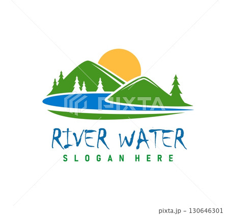 Northern mountain fast river or lake water icon. Company vector icon, travel agency sign with mountain lake or river water, spruce trees on green hills and sunset. Nature park symbol or graphic emblem 130646301