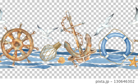 Seamless horizontal border with life preserver, rusty anchor, helm, stasrfish and seagulls. Hand drawn watercolor illustration with marine theme attributes on abstract blue waves. Nautical design. 130646302