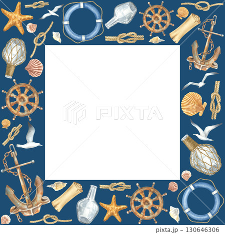 Steering wheel, lifebuoy, seagulls, anchor, bottle, paper scroll, seashells, ship ropes with knots. Hand drawn watercolor illustration on isolated background. Navy square frame for nautical design. Steering wheel, lifebuoy, seagulls, anchor, bottle, paper scroll, seashells, ship ropes with knots. Hand drawn watercolor illustration on isolated background. Navy square frame for nautical design. 130646306