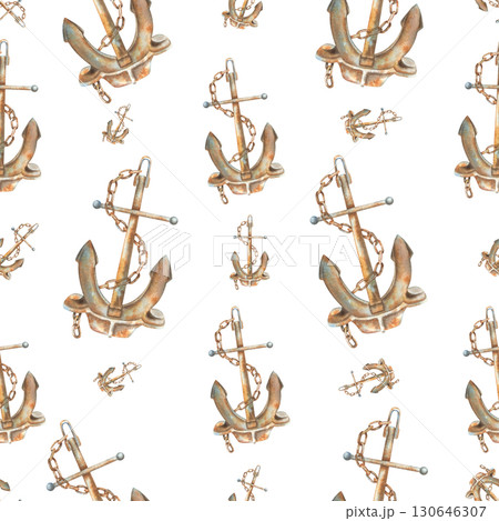 Rusty anchors wrapped in a chain. Hand drawn watercolor illustration. Seamless pattern on a white background. Marine theme attributes for fabric, textiles, wallpaper, wrapping paper. Nautical ornament 130646307