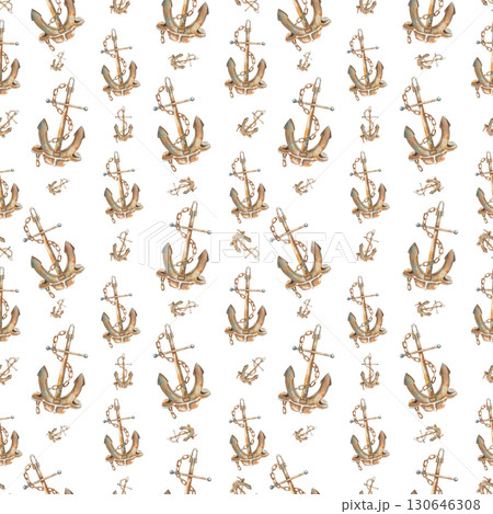 Rusty anchors wrapped in chain. Hand drawn watercolor illustration. Seamless pattern on a white background. Marine theme attributes for fabric, textiles, wallpaper, wrapping paper. Nautical ornament. 130646308