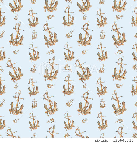 Rusty anchors wrapped in chain. Hand drawn watercolor illustration. Seamless pattern on a blue background. Marine theme attributes for fabric, textiles, wallpaper, wrapping paper. Nautical ornament. 130646310