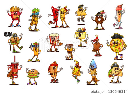 Cartoon groovy fast food pirate and corsair characters with captain hats. Vector retro groovy pizza, burger, soda and hot dog, y2k ice cream, fries, taco and burrito, coffee and donut personages 130646314