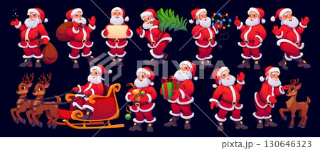 Cartoon Christmas Santa Claus characters with Xmas gifts, red hats and bags, vector winter holidays personages set. Funny Santa and reindeer characters with Christmas tree, ornament and lights 130646323