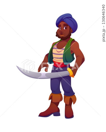 Cartoon medieval pirate corsair character with curved saber in hand. Vector black African American bearded sea rover personage in green vest, red sash, and turban standing with confident expression Cartoon medieval pirate corsair character with curved saber in hand. Vector black African American bearded sea rover personage in green vest, red sash, and turban standing with confident expression 130646340