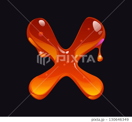 Tasty honey cartoon font letter X. Yellow amber flow cartoon font letter, tasty caramel vector English alphabet type element. Liquid candy ABC typeset symbol or sweet honey sign 130646349
