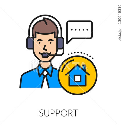 Home security service support color line icon or sign. Home security service customer support outline vector pictogram. House safety system icon with client support operator character in headset 130646350