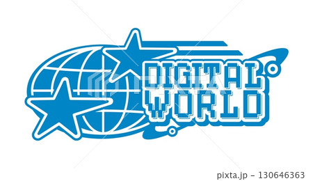 Digital world globe vintage Y2K icon or emblem. Tech company globe vintage vector emblem, worldwide business sign. Globus sphere Y2K icon or symbol with pixelated retro typography text and stars Digital world globe vintage Y2K icon or emblem. Tech company globe vintage vector emblem, worldwide business sign. Globus sphere Y2K icon or symbol with pixelated retro typography text and stars 130646363