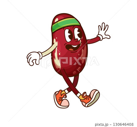 Cartoon groovy brazil nut character on fitness. Natural nutrition and healthy food retro groovy isolated vector character. Vegetarian diet brazil nut funny personage wearing headband and doing sports 130646408