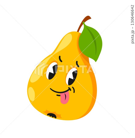 Fast food pear fruit character vintage Y2K sticker or label. Farm garden food product groovy vector sticker, juice and vitamin funky patch. Summer yellow pear fruit cheerful personage Y2K label 130646642