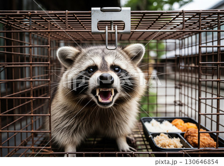 捕獲され、牙をむけて威嚇するアライグマ 130646854