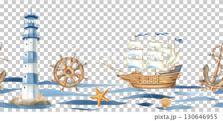 Seamless border with sailboat, lighthouse, anchor, steering wheel and simple abstract curved lines of ocean waves. Hand drawn watercolor illustration of marine themes attributes on isolated background 130646955