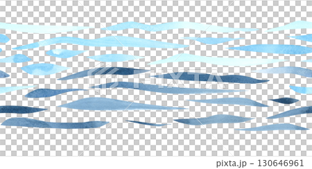 Seamless border with abstract blue waves, lines, stripes, stylized water. Hand drawn watercolor illustration of sea geometric print on white background. Chaotic drawing for textile, fabric, packaging. 130646961