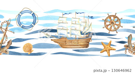 Seamless border with sailboat, anchor, steering wheel, lifebuoy and simple abstract curved lines of ocean waves. Hand drawn watercolor illustration of marine themes attributes on isolated background. 130646962