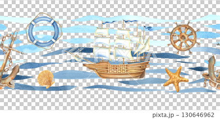 Seamless border with sailboat, anchor, steering wheel, lifebuoy and simple abstract curved lines of ocean waves. Hand drawn watercolor illustration of marine themes attributes on isolated background. Seamless border with sailboat, anchor, steering wheel, lifebuoy and simple abstract curved lines of ocean waves. Hand drawn watercolor illustration of marine themes attributes on isolated background. 130646962