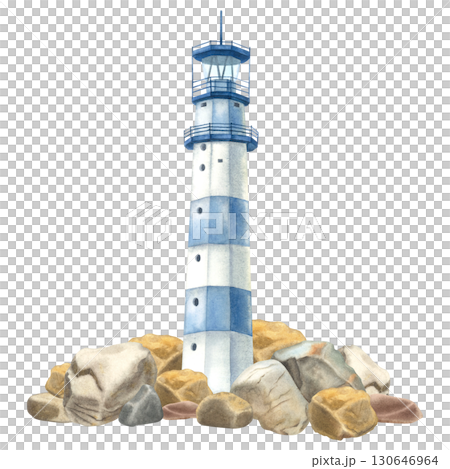 A blue and white lighthouse on sea cost with rocks. Hand drawn watercolor illustration of beacon on isolated background. Drawing for Baby shower design in nautical style. Marine landscape for poster. A blue and white lighthouse on sea cost with rocks. Hand drawn watercolor illustration of beacon on isolated background. Drawing for Baby shower design in nautical style. Marine landscape for poster. 130646964