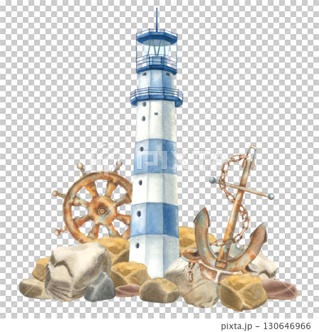 A blue lighthouse on sea cost with rocks, anchor and helm. Hand drawn watercolor illustration of beacon on isolated background. Drawing for design in nautical style. Marine landscape for poster. A blue lighthouse on sea cost with rocks, anchor and helm. Hand drawn watercolor illustration of beacon on isolated background. Drawing for design in nautical style. Marine landscape for poster. 130646966