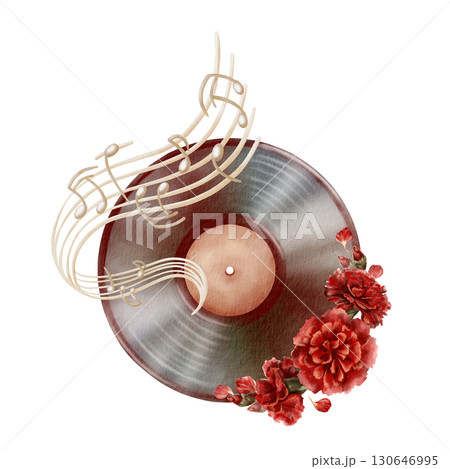 Carnation revolution symbols of vinyl record with old label,red carnation flowers,music stand with stylized beige-colored notes,vintage,nostalgic design with grooves.Hand drawn watercolor illustration 130646995