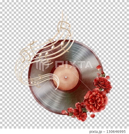 Carnation revolution symbols of vinyl record with old label,red carnation flowers,music stand with stylized beige-colored notes,vintage,nostalgic design with grooves.Hand drawn watercolor illustration 130646995