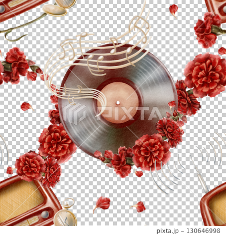 Carnation revolution symbols of vinyl record with old label,red carnation flowers,music stand with stylized beige-colored notes,vintage,nostalgic design with grooves.Hand drawn watercolor illustration 130646998