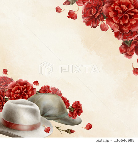 The 1974 Carnation Revolution in Portugal,square frame,civilian hats and soldiers berets became symbols of peaceful tide,all unfolding among blossoms of red carnations.Watercolor illustration,template 130646999