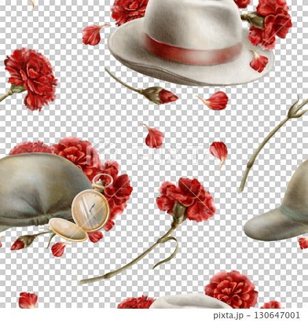 The 1974 Carnation Revolution in Portugal,where civilian hat and soldier beret became symbols of its peaceful tide,all unfolding among blossoms of red carnations.Watercolor seamless pattern 130647001