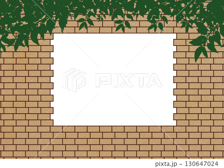 ズレて積まれている植物付きの黄色のレンガの四角いフレーム 130647024