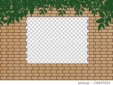 ズレて積まれている植物付きの黄色のレンガの四角いフレーム 130647024