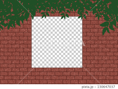 キレイに積まれた植物がかかった赤色のレンガの正方形フレーム キレイに積まれた植物がかかった赤色のレンガの正方形フレーム 130647037