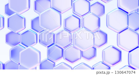 Abstract 3d background with holographic iridescent glass hexagon pattern. Geometric render honeycomb cell texture with purple blue gradient for medical science and technology design. 3D illustration 130647074