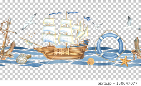 Seamless horizontal nautical border with sailboat, life preserver, rusty anchor and stasrfish. Hand drawn watercolor illustration with ship and marine theme attributes. Nautical ornament for design. Seamless horizontal nautical border with sailboat, life preserver, rusty anchor and stasrfish. Hand drawn watercolor illustration with ship and marine theme attributes. Nautical ornament for design. 130647077