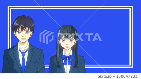 高校生または中学生の男女のアニメ風イラスト、スクールテイスト、カラー背景、コピースペースあり 高校生または中学生の男女のアニメ風イラスト、スクールテイスト、カラー背景、コピースペースあり 130647233