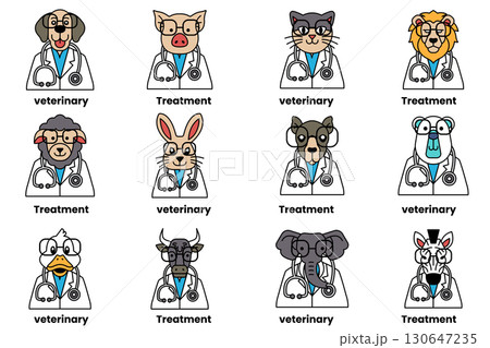 A series of cartoon animals wearing lab coats and glasses A series of cartoon animals wearing lab coats and glasses 130647235