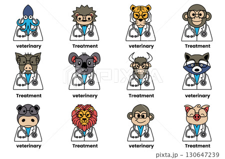 A set of cartoon animals wearing lab coats and stethoscopes A set of cartoon animals wearing lab coats and stethoscopes 130647239