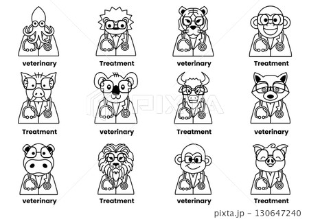 A set of cartoon animals wearing lab coats and stethoscopes 130647240