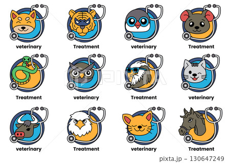 A set of twelve animal faces with a stethoscope on them A set of twelve animal faces with a stethoscope on them 130647249